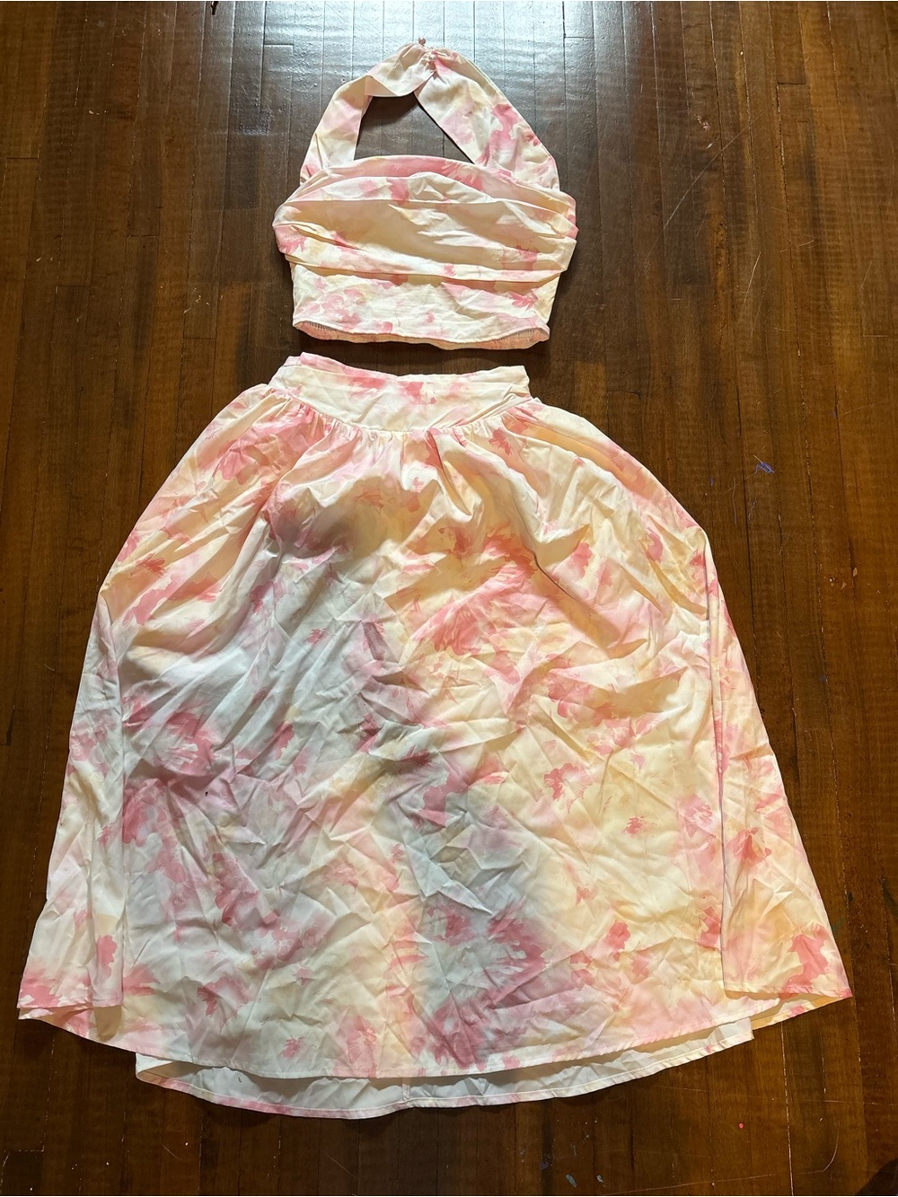SHEIN Pink and White Tie-Dye Halter Crop Top with Matching Skirt Set